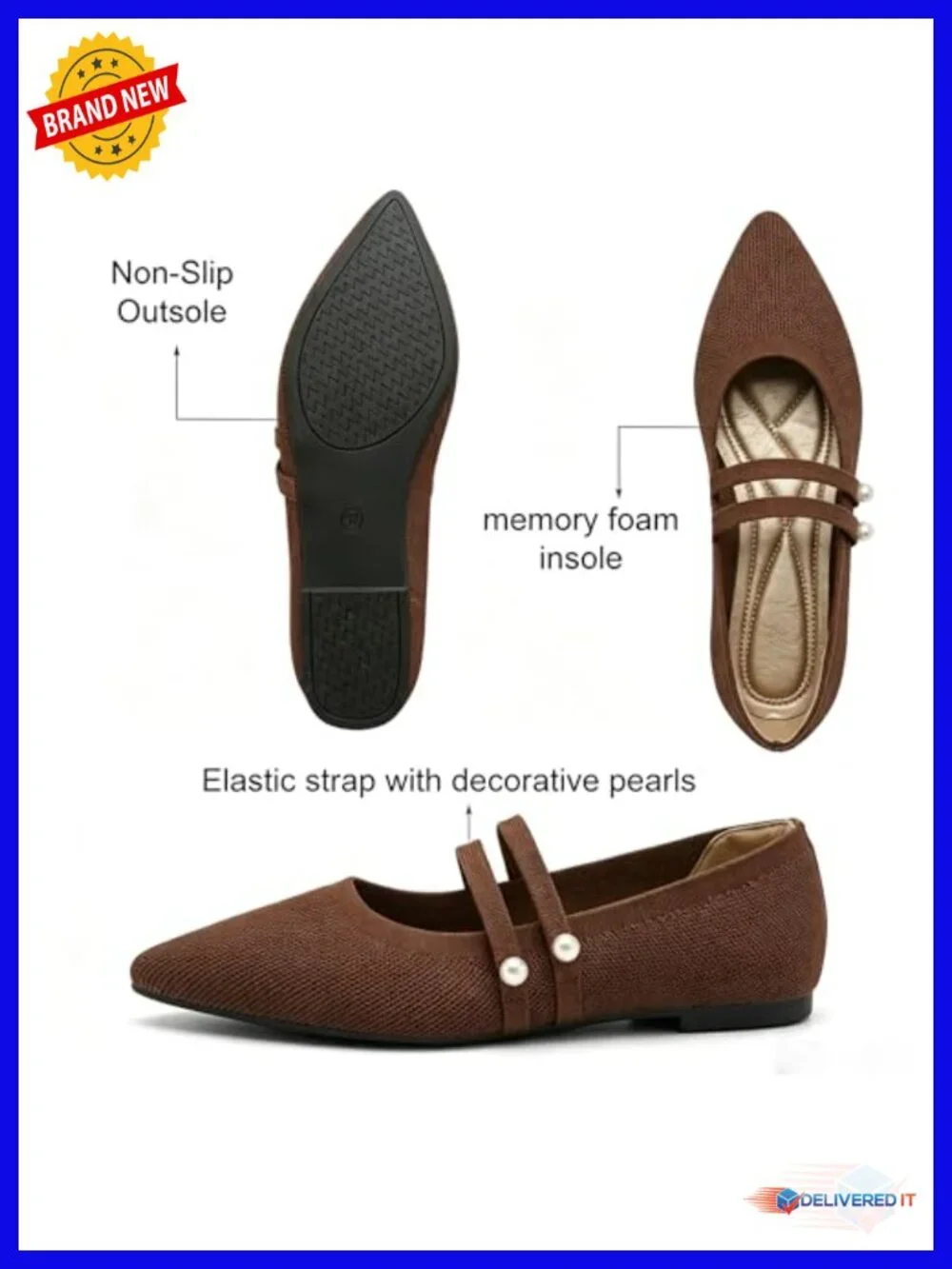 Knit Pointed Toe Mary Jane Flats with Double Strap - Breathable Comfort Memory - Picture 5 of 6